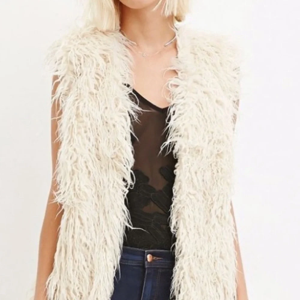 I Love H81 Los Angeles California - Boho Cream Faux Fur Shaggy Long Vest Sz S/M